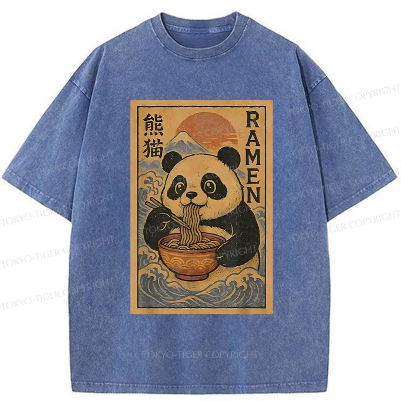 Tokyo-Tiger Retro Panda Eating Ramen Washed T-Shirt