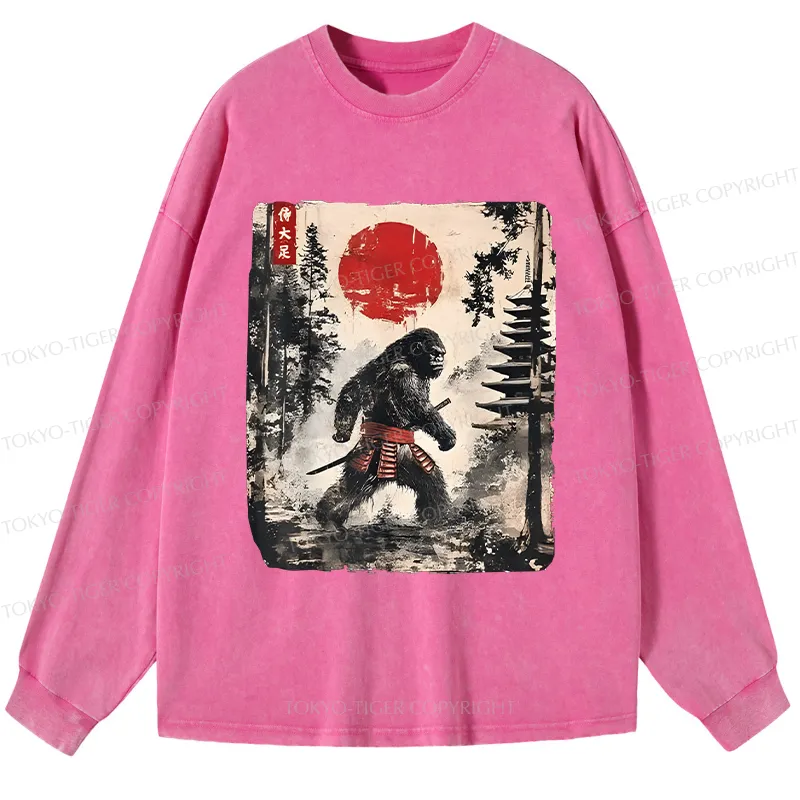 Tokyo-Tiger Japanese Samurai Bigfoot Washed Long Sleeve T-Shirt