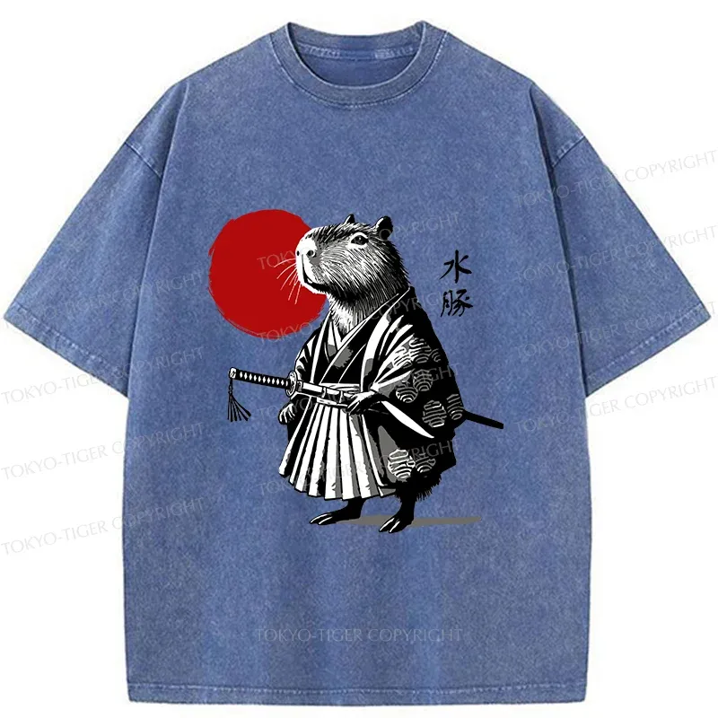 Tokyo-Tiger Retro Capybara Samurai Washed T-Shirt