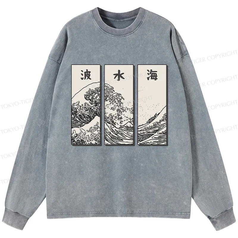 Tokyo-Tiger Japanese Art Wave Washed Long Sleeve T-Shirt