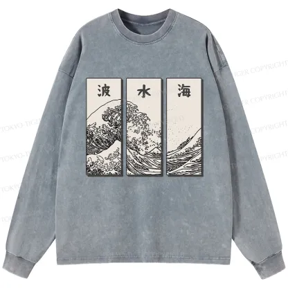 Tokyo-Tiger Japanese Art Wave Washed Long Sleeve T-Shirt