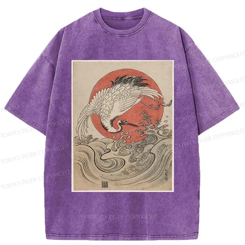 Tokyo-Tiger Vintage Crane and Waves Washed T-Shirt