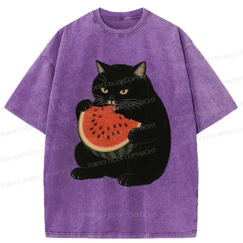 Tokyo-Tiger Black Cat Eating Watermelon Washed T-Shirt