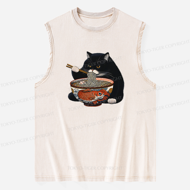 Tokyo-Tiger Fat Cat Eating Ramen Washed Tank