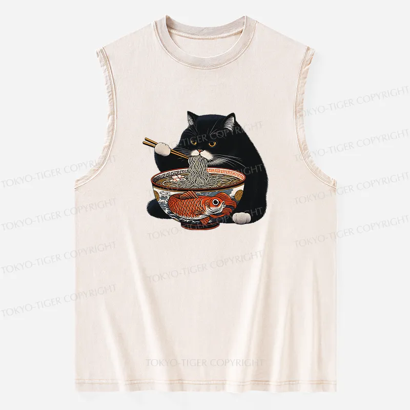 Tokyo-Tiger Fat Cat Eating Ramen Washed Tank Sale