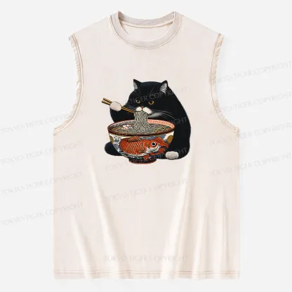 Tokyo-Tiger Fat Cat Eating Ramen Washed Tank