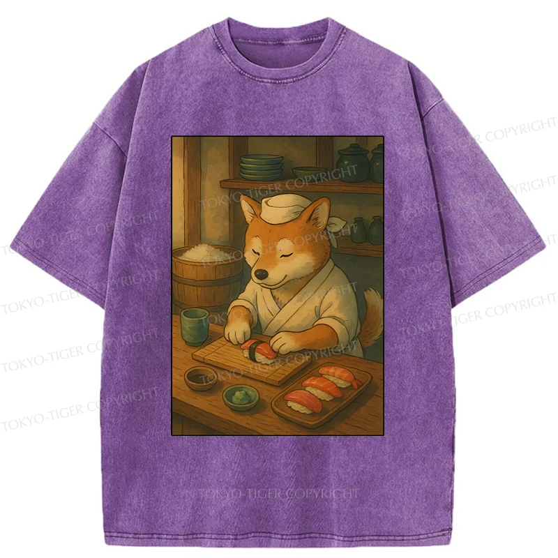 Tokyo-Tiger Dog Sushi Chef Washed T-Shirt