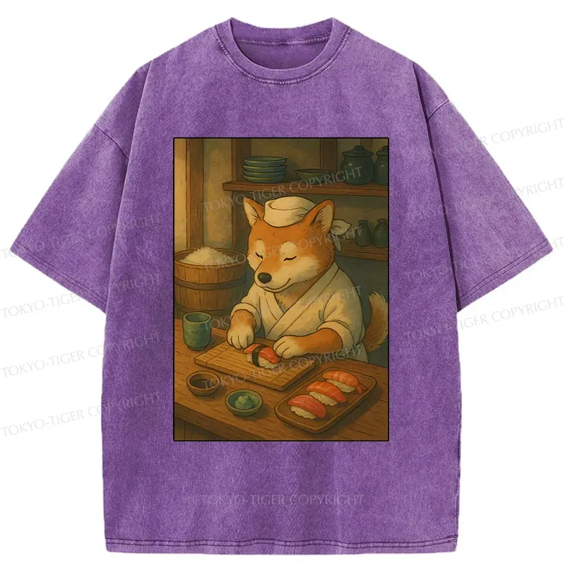 Tokyo-Tiger Dog Sushi Chef Washed T-Shirt