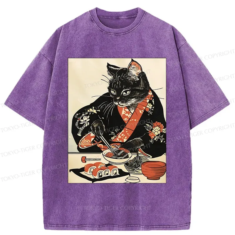 Tokyo-Tiger Cat Cut Sushi Washed T-Shirt