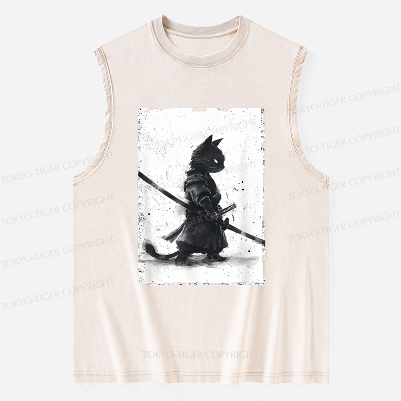 Tokyo-Tiger Retro Cat Samurai Japanese Washed Tank