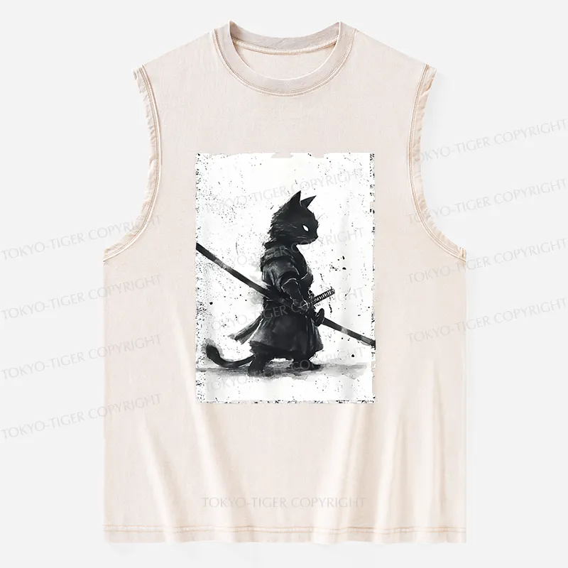 Tokyo-Tiger Retro Cat Samurai Japanese Washed Tank Sale