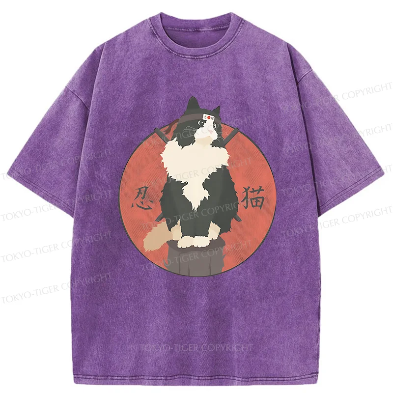 Tokyo-Tiger Cute Ninja Cat Washed T-Shirt