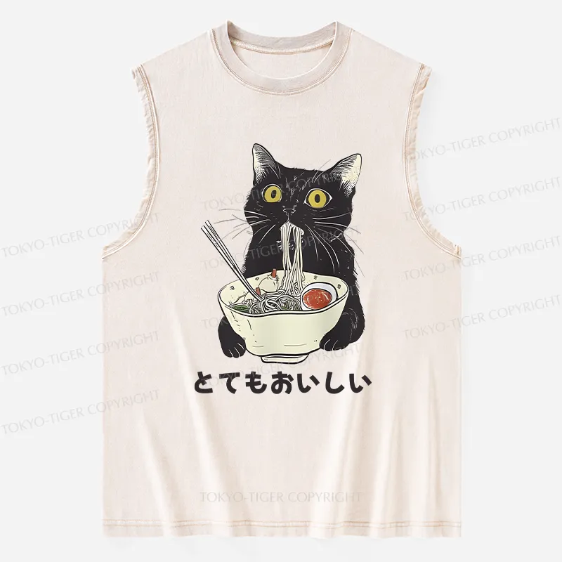 Tokyo-Tiger Cats Eat Ramen Noodles Washed Tank