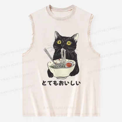 Tokyo-Tiger Cats Eat Ramen Noodles Washed Tank