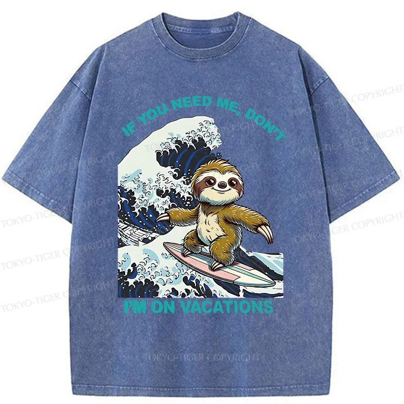 Tokyo-Tiger Surfing Sloth Funny Washed T-Shirt
