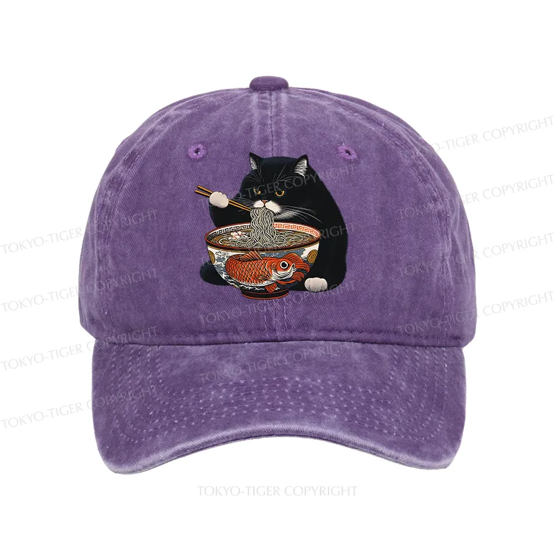 Tokyo-Tiger Fat Cat Eating Ramen Washed Cap
