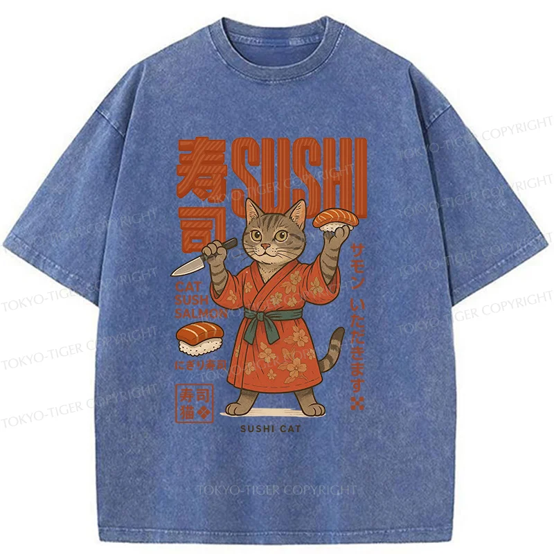 Tokyo-Tiger Sushi Made By Cat Chef Washed T-Shirt