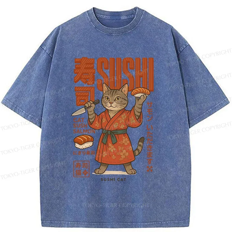 Tokyo-Tiger Sushi Made By Cat Chef Washed T-Shirt