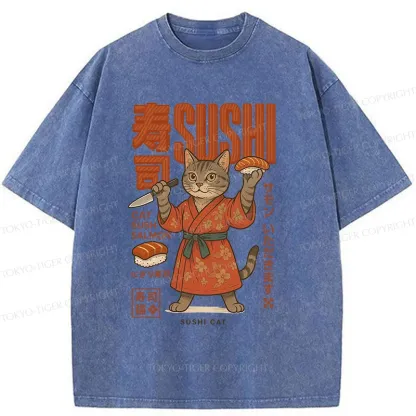 Tokyo-Tiger Sushi Made By Cat Chef Washed T-Shirt