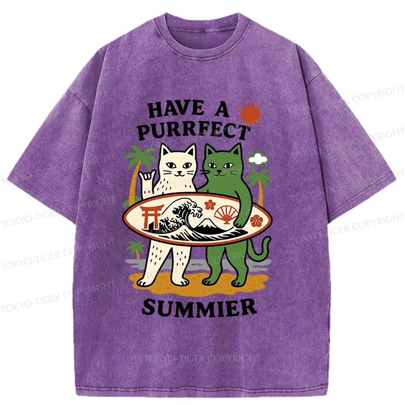 Tokyo-Tiger Beach Surfing Cat Washed T-Shirt