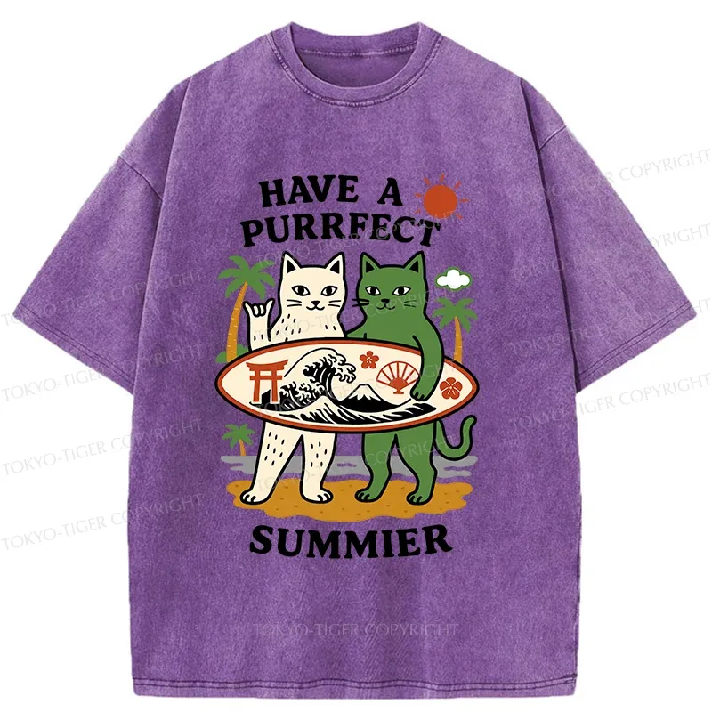 Tokyo-Tiger Beach Surfing Cat Washed T-Shirt