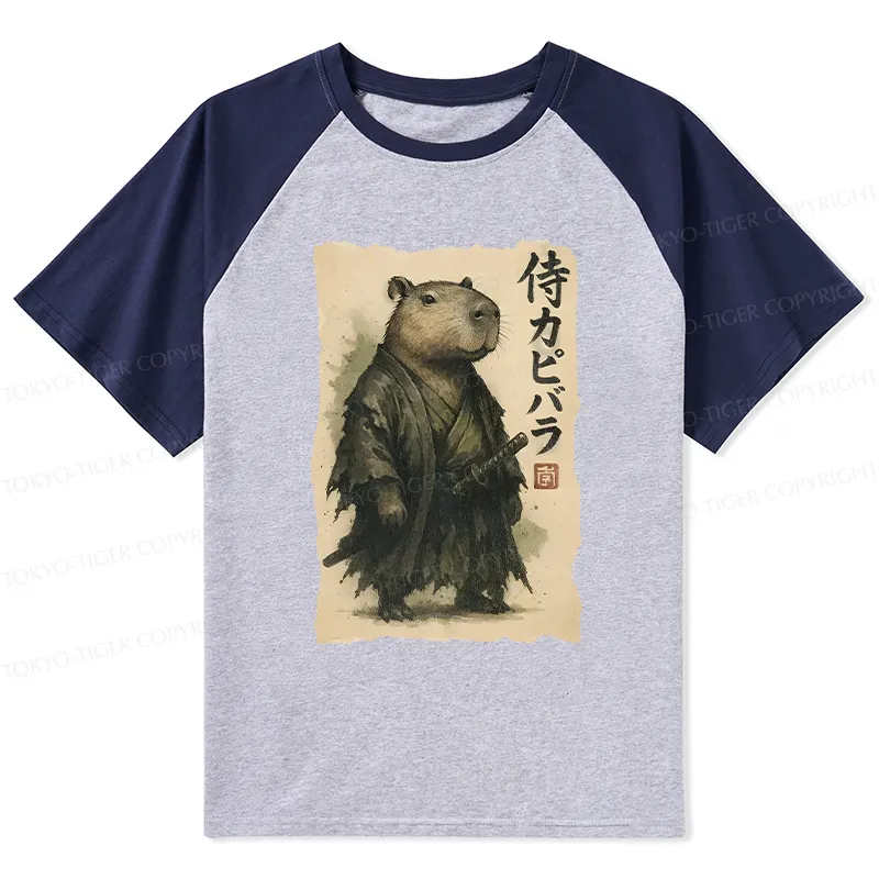 Tokyo-Tiger Capybara Samurai Raglan T-shirt
