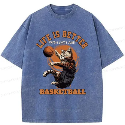 Tokyo-Tiger Kitten Is Playing Basketball Washed T-Shirt
