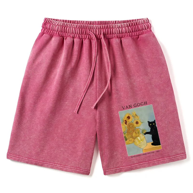 Tokyo-Tiger Black Cat With Sunflowers Washed Shorts