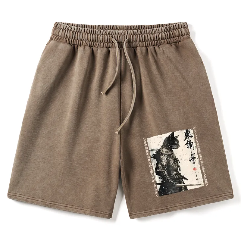 Tokyo-Tiger Cat Samurai Retro Washed Shorts