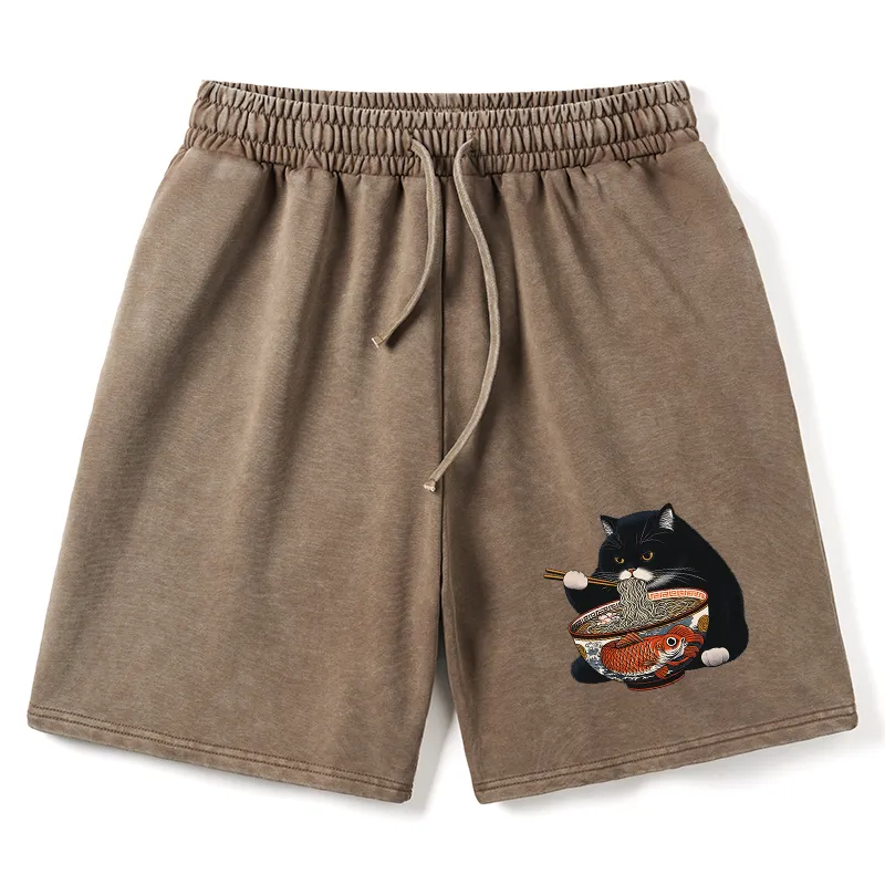 Tokyo-Tiger Fat Cat Eating Ramen Washed Shorts