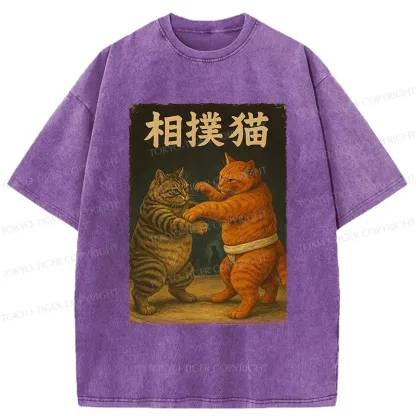 Tokyo-Tiger Sumo Cat Funny Washed T-Shirt