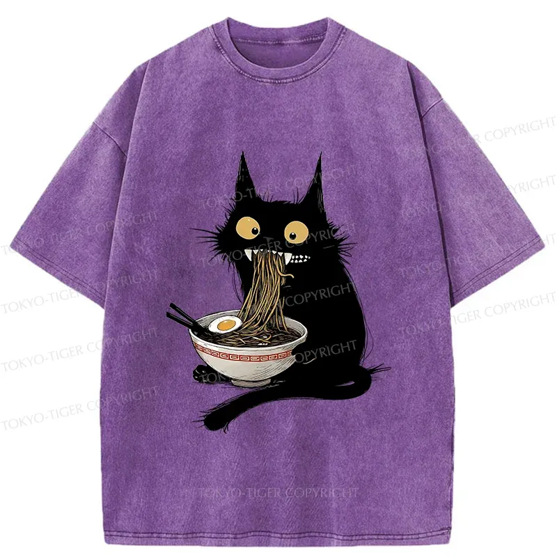 Tokyo-Tiger Naughty Kitten Is Eating Ramen Washed T-Shirt