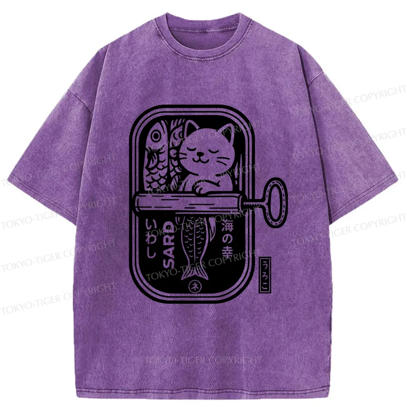 Tokyo-Tiger Cat And Canned Fish Washed T-Shirt