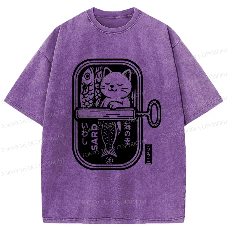 Tokyo-Tiger Cat And Canned Fish Washed T-Shirt