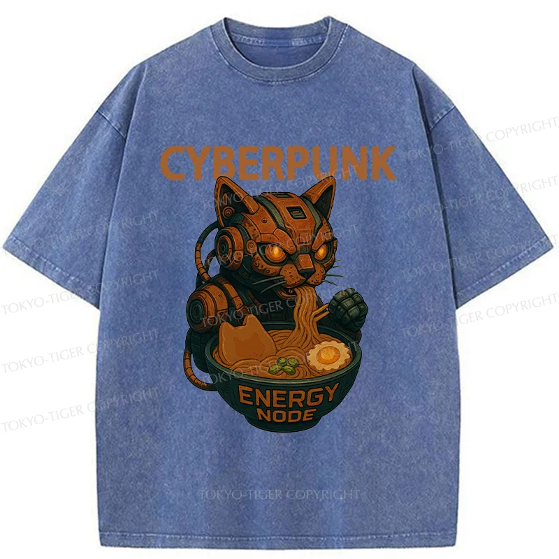 Tokyo-Tiger Retro Machine Cat Eating Ramen Washed T-Shirt