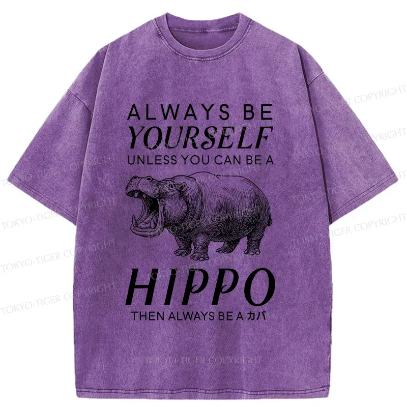 Tokyo-Tiger Funny Hippopotamu Washed T-Shirt