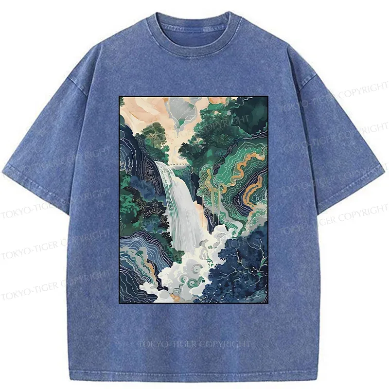 Tokyo-Tiger Japanese Landscape Painting Washed T-Shirt