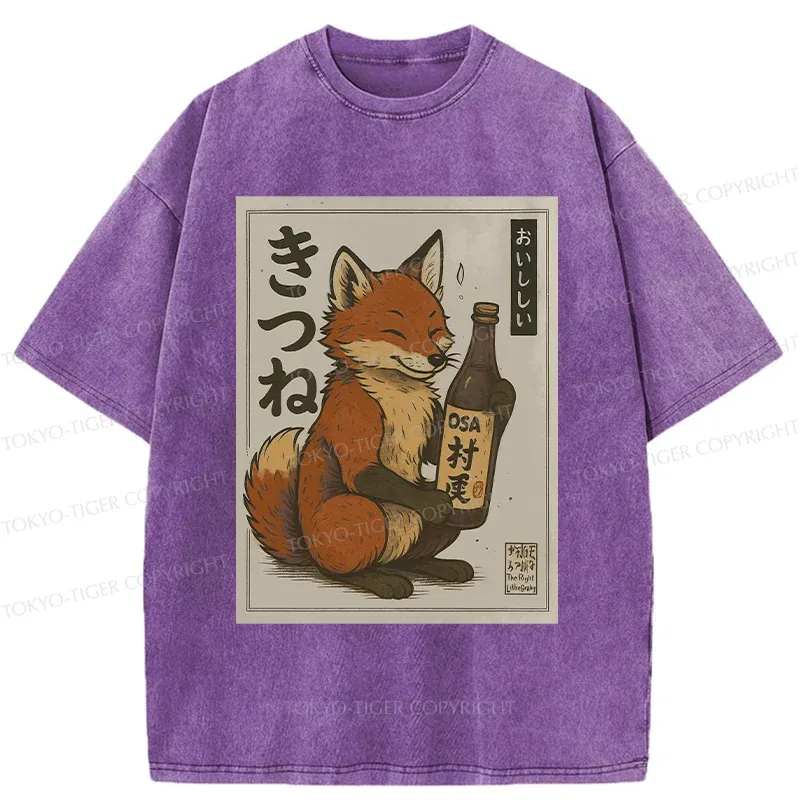 Tokyo-Tiger Fox Holding Sake Washed T-Shirt