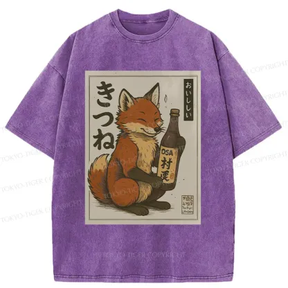 Tokyo-Tiger Fox Holding Sake Washed T-Shirt