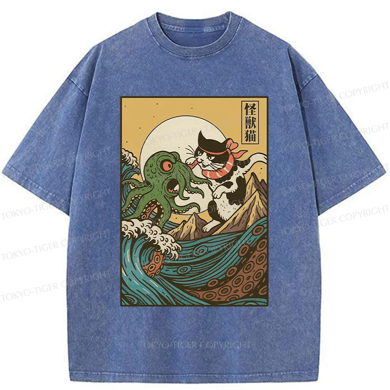 Tokyo-Tiger Cat And Octopus Battle Funny Washed T-Shirt