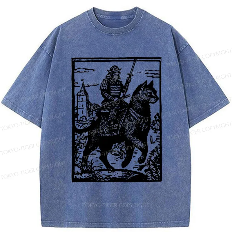 Tokyo-Tiger Samurai Riding A Cat Washed T-Shirt