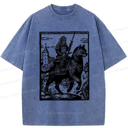 Tokyo-Tiger Samurai Riding A Cat Washed T-Shirt