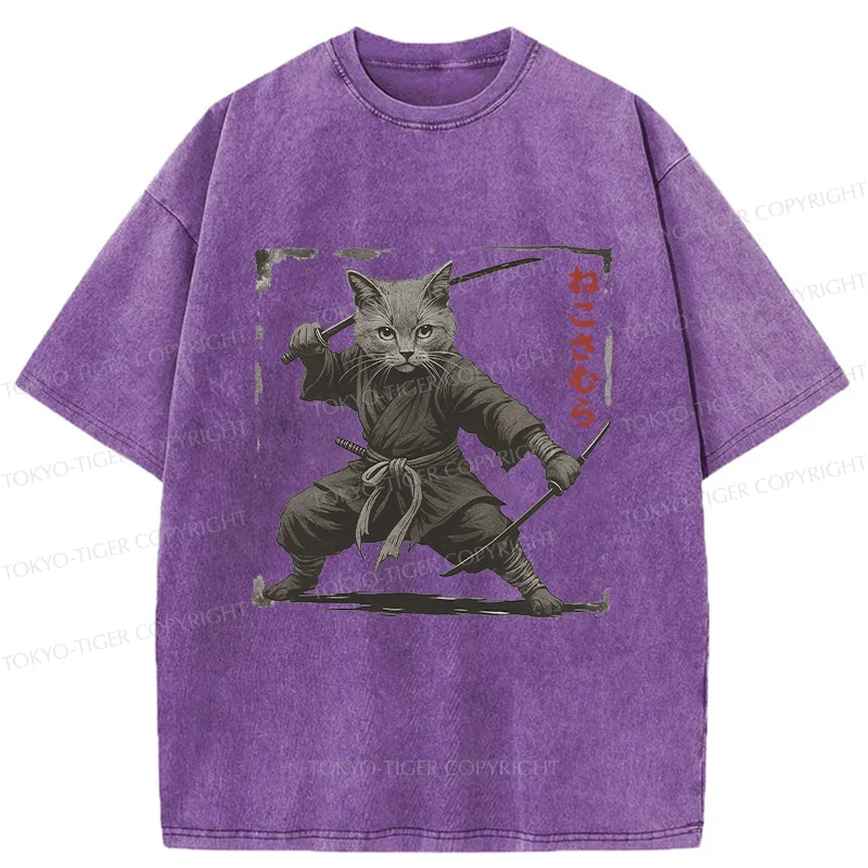 Tokyo-Tiger Handsome Cat Samurai Washed T-Shirt