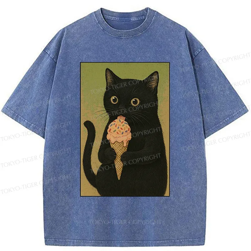 Tokyo-Tiger Kitten Rating Ice Cream Washed T-Shirt
