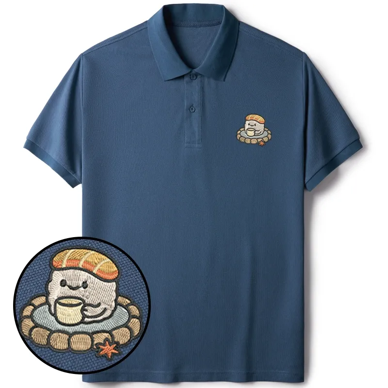 Tokyo-Tiger Cute Sushi Drinking Tea Embroidered Polo T-Shirt
