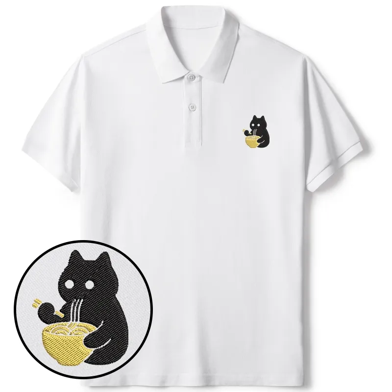 Tokyo-Tiger Cat Eating Ramen Embroidered Polo T-Shirt