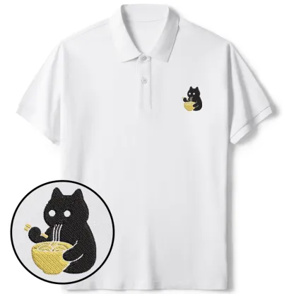 Tokyo-Tiger Cat Eating Ramen Embroidered Polo T-Shirt