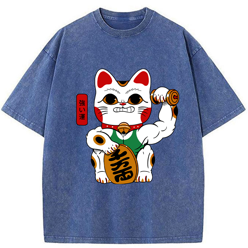 Tokyo-Tiger Muscular Lucky Cat Washed T-Shirt