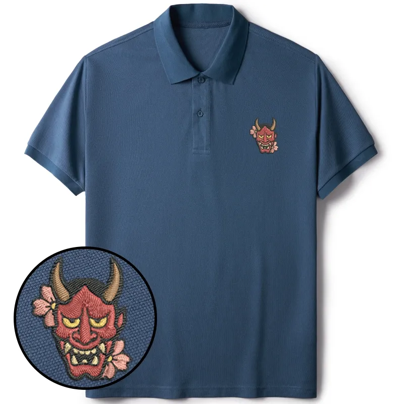 Tokyo-Tiger Oni Mask With Sakura Embroidered Polo T-Shirt