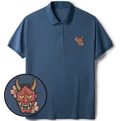 Tokyo-Tiger Oni Mask With Sakura Embroidered Polo T-Shirt